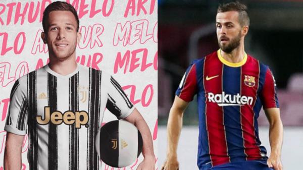 Arthur Pjanic Gelandang anyar Barcelona Miralem Pjanic (kanan), dan pemain baru Juventus Arthur Melo akan bertemu bekas klubnya di Liga Champion musim ini. (Foto: Sky Sports/Juventus)