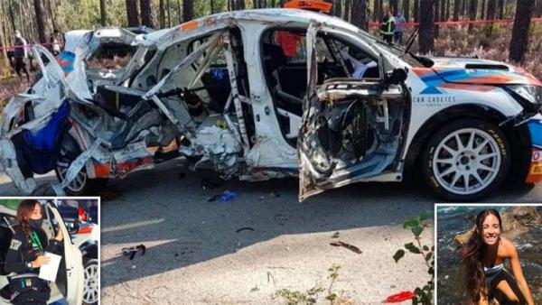 Mobil yang dikendarai Laura Salvo ringsek usai hilang kendali dan keluar lintasan pada Rally Vidreiro di Portugal, Sabtu (10/10/2020). (Foto: Daily Mail)
