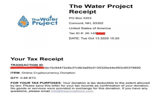 Tangkapan layar bukti tanda terima pajak atas sumbangan dana dalam bentuk bitcoin dari Darkside Hacker ke lembaga amal The Water Project. (foto: BBC)