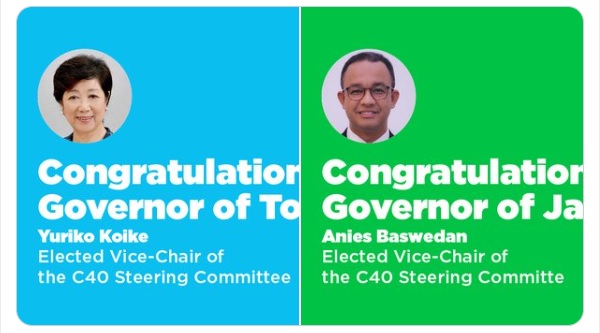 Gubernur Anies dan Koike. (Foto: Twitter/C40 Cities).