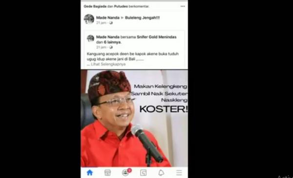 Tangkapan layar unggahan salah satu akun media sosial yang dilaporkan karena menghina Gubernur Bali Wayan Koster.
