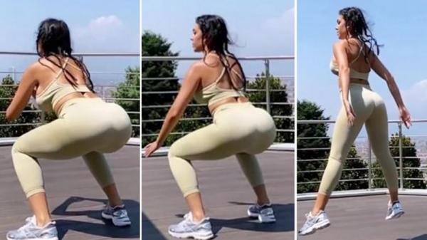 Georgina Rodriguez squat Georgina Rodriguez melakukan olahraga squat untuk mengencangkan bokong dan area di sekitarnya. (Foto: The Sun)