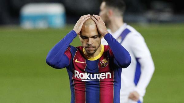 Martin Braithwaite Barcelona Striker Barcelona Martin Braithwaite bereaksi saat menghadapi Eibar pada lanjutan Liga Spanyol 2020/2021 di Camp Nou, Rabu (30/12/2020) dini hari WIB. (Foto: REUTERS)