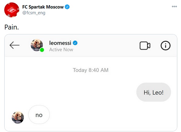 Messi Spartak Moskow Spartak Moskow coba mengirim pesan kepada Lionel Messi melalui Direct Message di Instagram. (Foto: Twitter @@fcsm_eng)