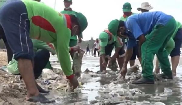 Petugas mengangkut sampah kiriman dari laut yang menyerbu Pantai Kuta, Bali. (iNews.id/Aris Wiyanto)