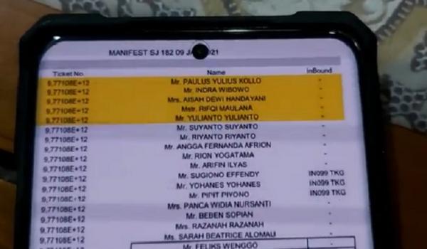 Manifes Sriwijaya Air SJ-182 atas nama Paulus Yulius Kollo, dan Indra Wibowo. (iNews.id/Uun Yuniar)
