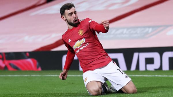 Bruno Fernandes Man Utd Gelandang Manchester United Bruno Fernandes merayakan golnya ke gawang Liverpool pada putaran keempat Piala FA 2020/2021 di Old Trafford, Senin (25/1/2021) dini hari WIB. (Foto: REUTERS)