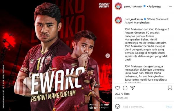 PSM Makassar resmi melepas Asnawi Mangkualam ke klub Korea Selatan Ansaan Greeners FC.
