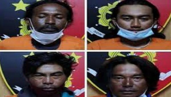 Empat nelayan yang memalak dan melecehkan korban yang tengah berteduh di sebuah kafe di Jimbaran, Badung, Bali, diamankan di Mapolsek Kuta. (Foto: Istimewa)