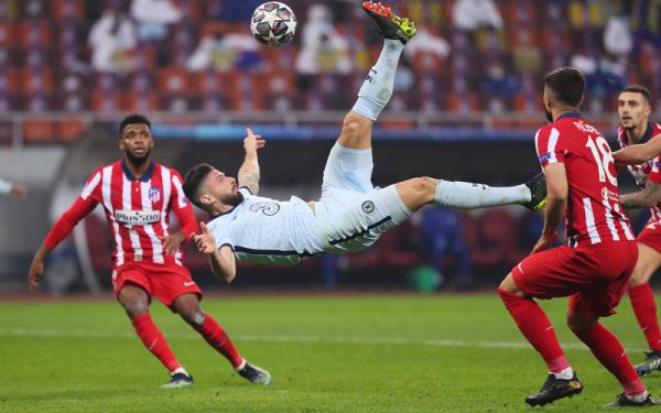 Olivier Giroud Gol salto Olivier Giroud membawa Chelsea menang 1-0 atas Atletico Madrid pada leg pertama babak 16 Besar Liga Champions, Rabu (24/2/2021) dini hari WIB. (Foto: Reuters)