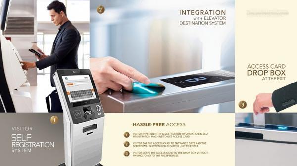 Podomoro 11 Selain menggunakan mobile phone untuk mengakses koridor menuju lift, para relasi bisnis dapat menggunakan kartu akses yang dapat diperoleh dari mesin registrasi mandiri.