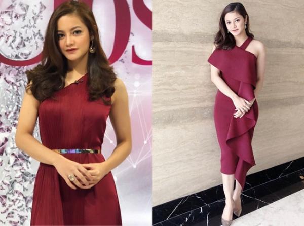 Ovi Dian terlihat anggun saat memakai dress merah marun