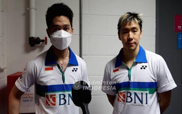Ganda putra Indonesia Kevin Sanjaya Sukamuljo (kanan)/Marcus Fernaldi Gideon di All England 2021. (Foto: PBSI)