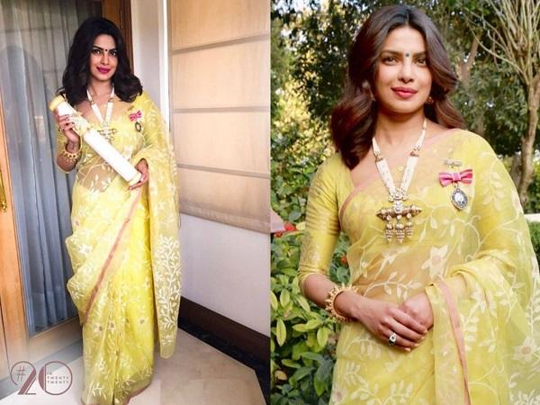 Priyanka Copra kain sari Priyanka Copra dengan kain sari warna kuning cerah. (Foto: IG)