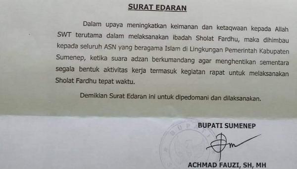 Viral Surat Edaran Bupati Sumenep Minta Asn Salat Tepat Waktu Aktivitas Harus Disetop Saat Azan Bagian 1