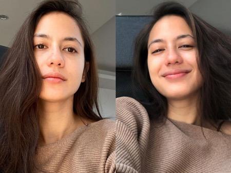 Pev Pevita saat pamer muka bantal.