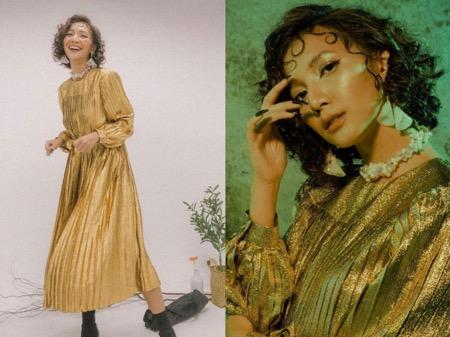 Sheila memakai dress lilac.