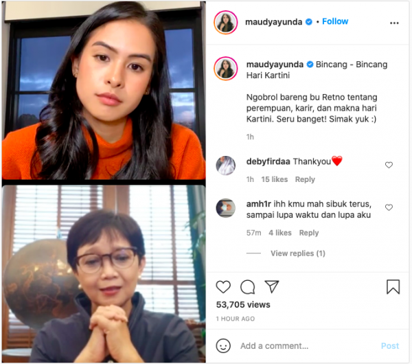 21maudy Ayunda2 Maudy Ayunda dan Menteri Luar Negeri Retno Marsudi. (Foto: Instagram/ Maudy Ayunda)