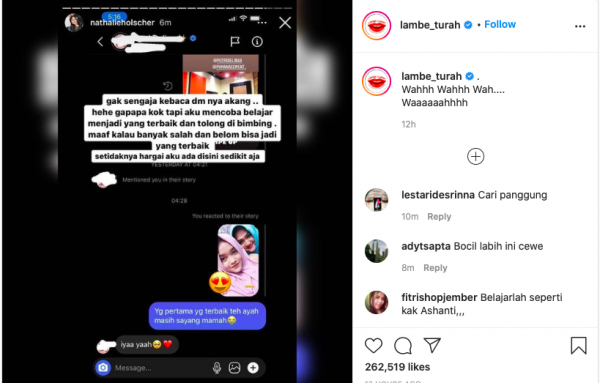 Nathalie Holscher bongkar isi pesan Instagram Sule (Foto: Instagram/Dok Lambe Turah)