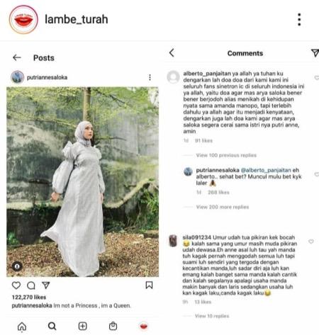 Putri Anne capt Unggahan Putri Anne yang dikomentari netizen.