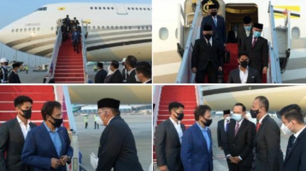 Pemimpin Brunei Darussalam, Sultan Hassanal Bolkiah saat tiba di Bandara Internasional Soekarno-Hatta, Jumat (23/4/2021). (Foto: Setkab).