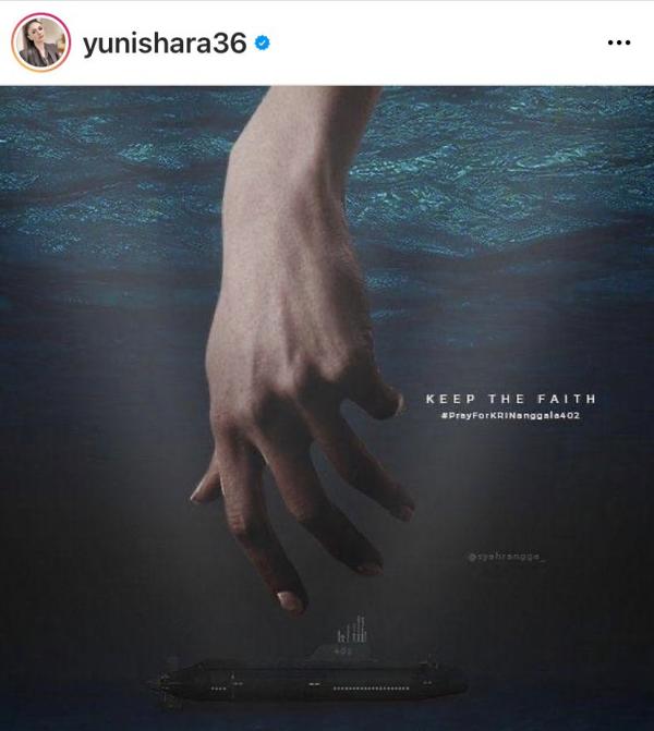 Yuni Shara berbagi ungkapan doa untuk awak kapal selam Nanggala 402 di Instagram. (Foto: Instagram/Yuni Shara)