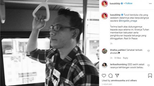 Tangkapan layar unggahan Ahok atas meninggalnya Birgaldo Sinaga. (Foto: Instagram basukibtp)