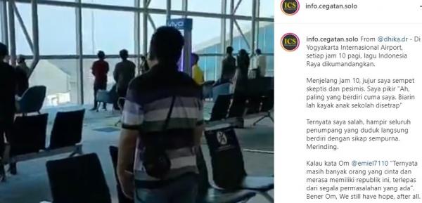 Penumpang di Bandara YIA Kulonprogo berdiri begitu mendengar lagu Indonesia Raya tiap jam 10 pagi. (Foto: Instagram)