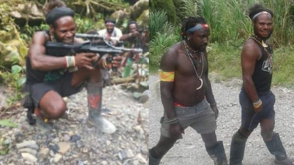 Anggota KKB Mairon Tabuni bergaya angkat senjata. (Foto: Istimewa).