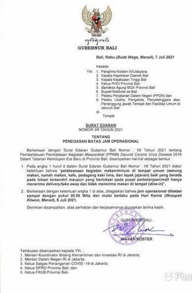 Surat Edaran (SE) Gubernur Bali Nomor 9R Tahun 2021.