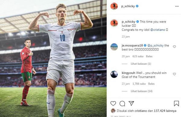 Patrik Schick 1 Striker Republik Ceko Patrik Schick menyebut Kapten Portugal Cristiano Ronaldo beruntung bisa jadi top skor Euro 2020. (Foto: Instagram)