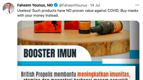 Dokter Faheem Younus mendapat kritik keras gara-gara mengunggah kalimat lebih baik membeli masker daripada vitamin di Twitter. (Foto: Twitter)