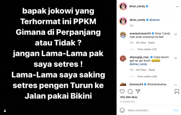 Unggahan DJ cantik Dinar Candy yang stres arena PPKM level 4 akhirnya diperpanjang. (Foto: Instagram)