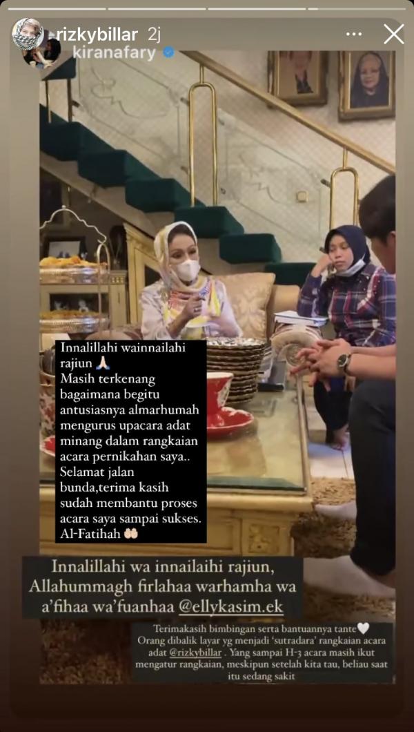 Rizky Billar mengucapkan ungkapan duka atas meninggalnya penyanyi legendaris Elly Kasim. 