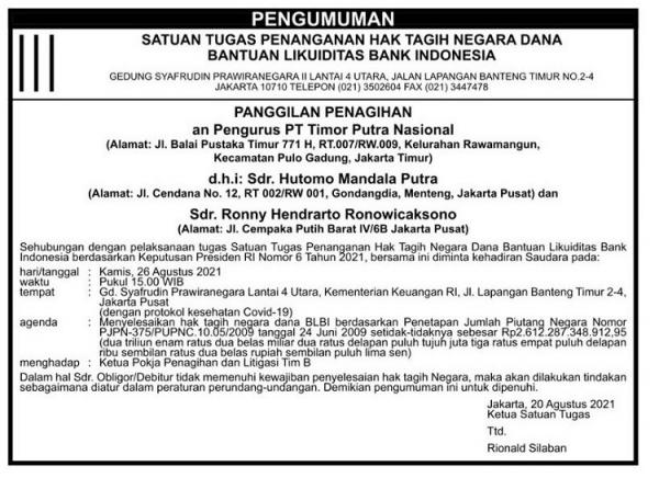 Pengumuman pemanggilan Tommy Soeharto oleh Satgas BLBI Kementerian Keuangan. 