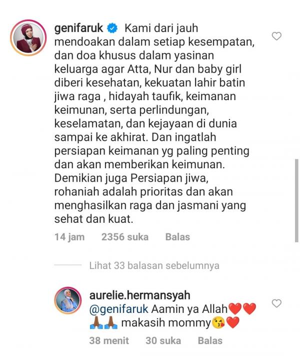 Aurel Hermansyah yang sedang hamil mendapat pesan dari mertua, ibunda Atta Halilintar. (Foto: Instagram)