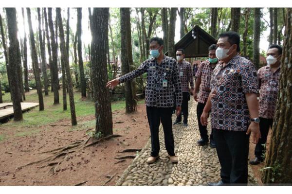 Wakil Bupati Bantul Joko Purnomo saat mengecek kesiapan wisata hutan Pinus Sari Mangunan Dlingo untuk uji coba pembukaan destinasi. (Foto : Antara)