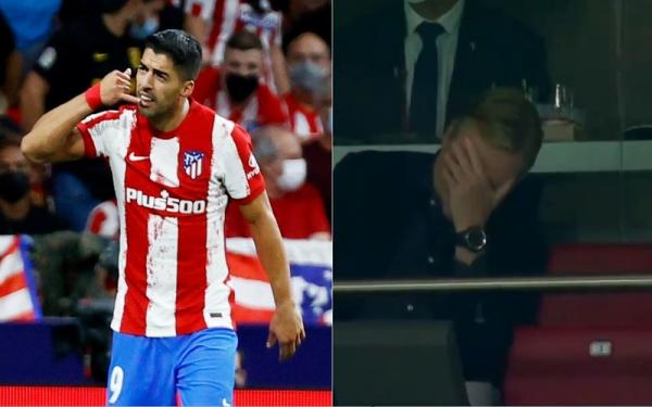 Striker Atletico Madrid, Luis Suarez merayakan gol ke gawang Barcelona saat pelatih Ronald Koeman cuma bisa melihat timnya dari bangku VIP Stadion Wanda Metropolitano, Minggu (3/10/2021). (Foto: REUTERS; Twitter/@ESPNFC)