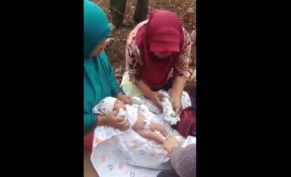 Penemuan bayi dalam kardus yang dibuang di kebun singkong Dusun Rumpis, Kecamatan Simpang Teritip, Bangka Barat. (Foto: iNews/Rizki Ramadhani)