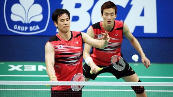 Ganda putra Korea Selatan Ko Sung-hyun/Shin Baek-cheol mengakui kehebatan duo Indonesia, Kevin Sanjaya Sukamuljo/Marcus Fernaldi Gideon. (Foto: Badminton Planet)