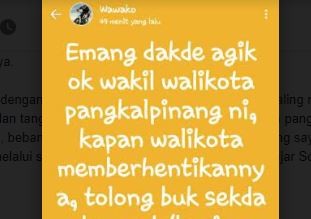 Isi status WhatsApp Wawako Pangkalpinang. (Foto: ist)