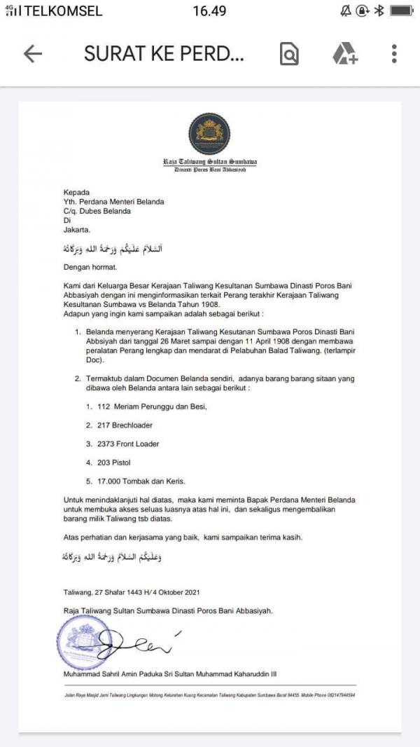 Warga Taliwang, Sumbawa Barat, Muhammad Syahril Amin bersurat ke pemerintah kerajaan Belanda terkait harta rampasan perang pada 1908 Warga Taliwang, Sumbawa Barat, Muhammad Syahril Amin bersurat ke pemerintah kerajaan Belanda terkait harta rampasan perang pada 1908