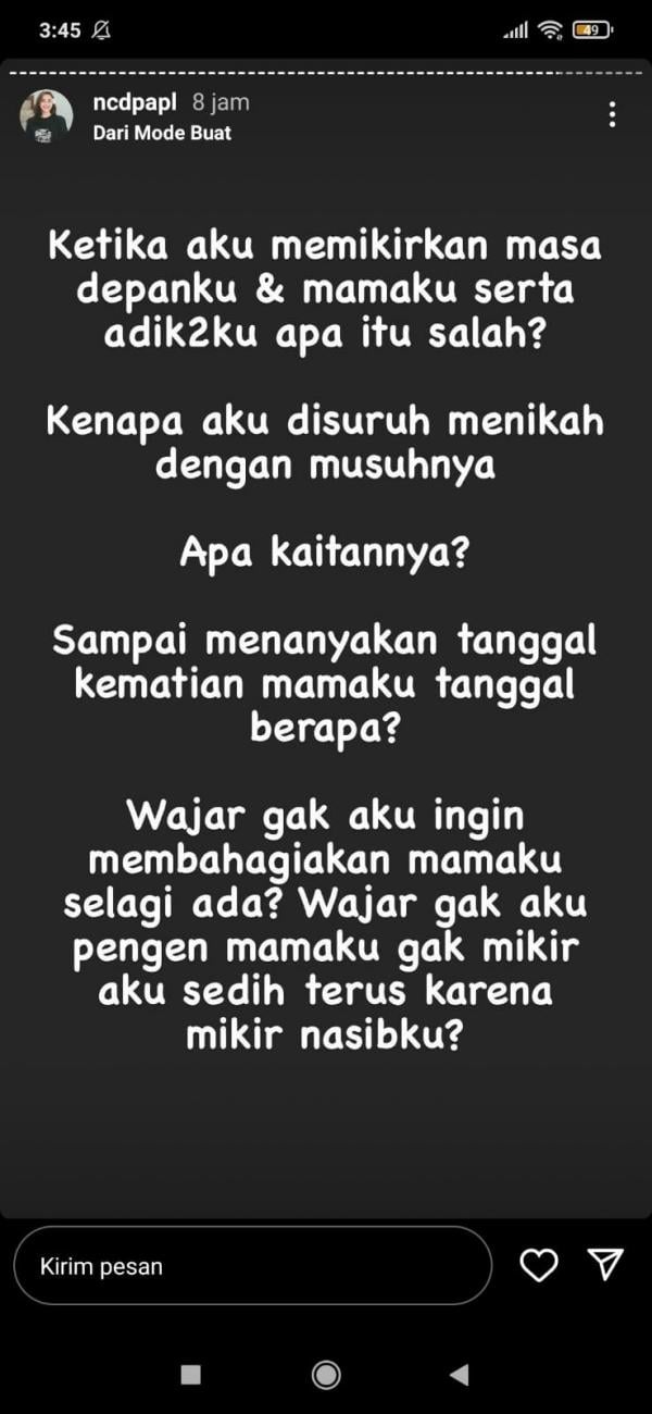 Postingan Nora Alexandra di Instagram Story. (foto: Instagram)