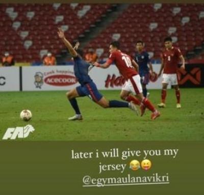 Ikhsan Fandi melontarakan candaan kepada Egy Maulana Vikri lewat insiden tarik jersey di laga Indonesia vs Singapura.