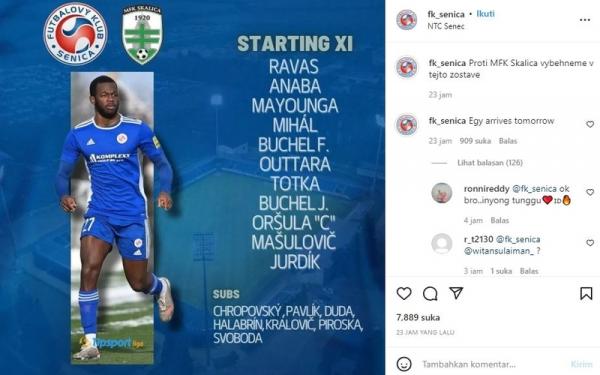 Lewat komentar di postingan Instagram, FK Senica mengonfirmasi Egy Maulana Vikri akan segera tiba di Slowakia. (Foto: Instagram/@fk_senica)