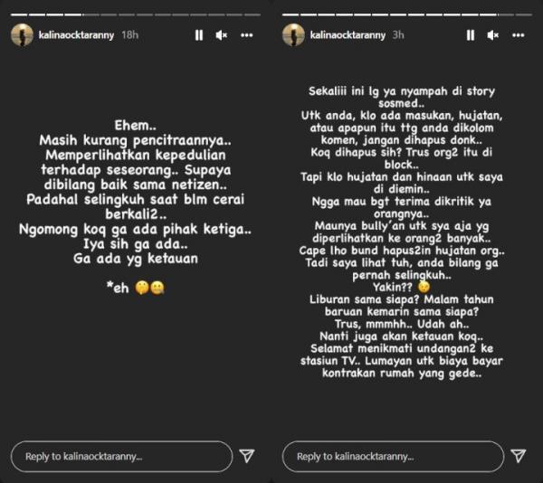 Unggahan Kalina terkait perselingkuhan Vicky. (Foto: Instagram)