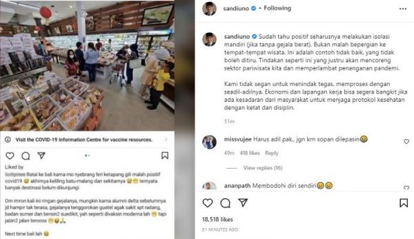 Unggahan Menparekraf Sandiaga Uno yang mengecam wisatawan positif Covid-19 jalan-jalan di Malang.  (Foto: Instagram).