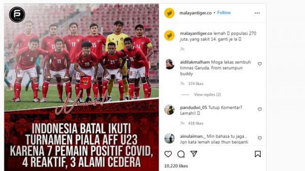 Publik Malaysia komentari Timnas Indonesia batal ikut Piala AFF U-23 2022 di Kamboja. (Foto: Instagram/malayantiger.co)