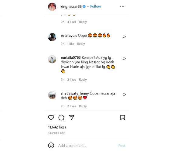 Berbagai reaksi netizen pada kolom komentar Instagram Nassar. (Foto: tangkapan layar/Instagram kingnassar88)