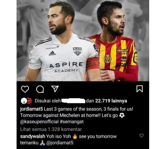 Sandy Walsh (kanan) menyemangati Sandy Walsh menjelang laga KAS Eupen versus KV Mechelen. (Foto: Instagram/@jordiamat5)
